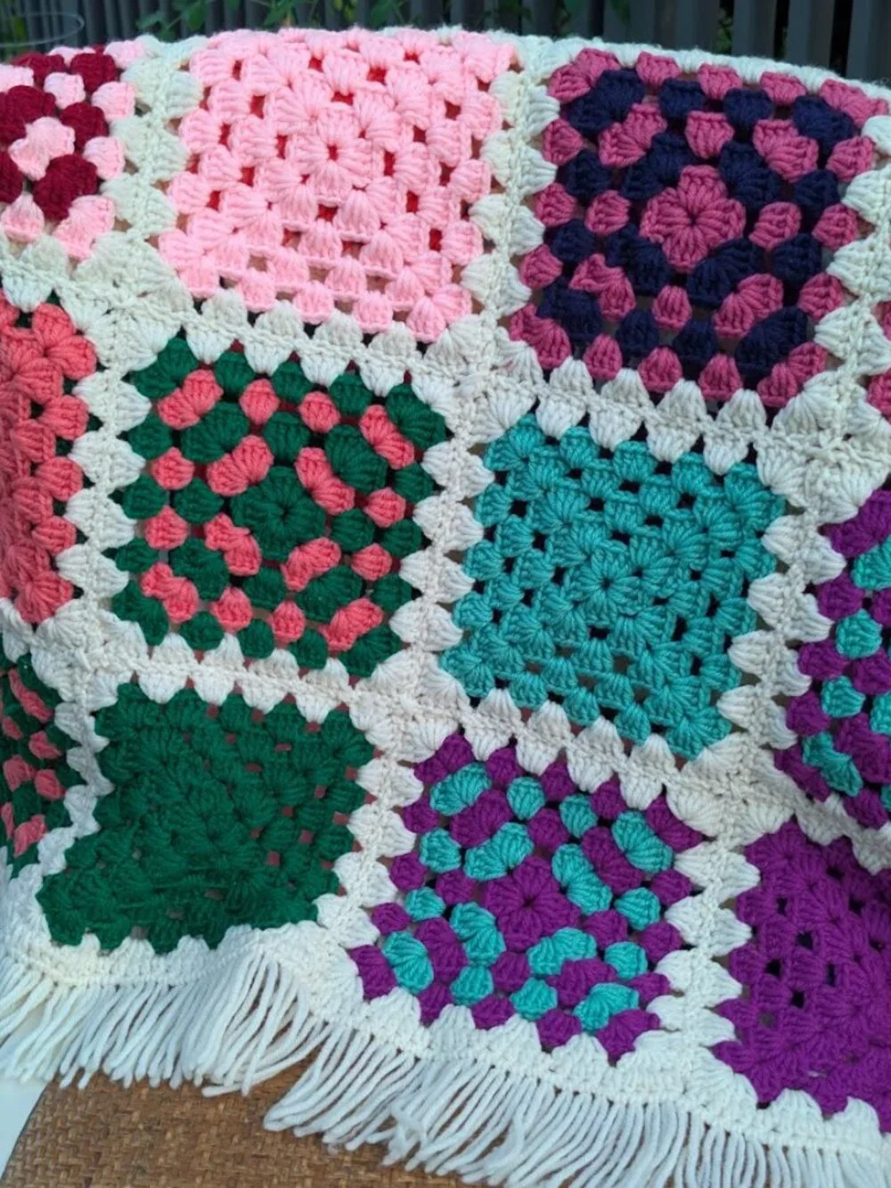Handmade Crochet Granny Square Afghan Blanket Throw with Fringe 56